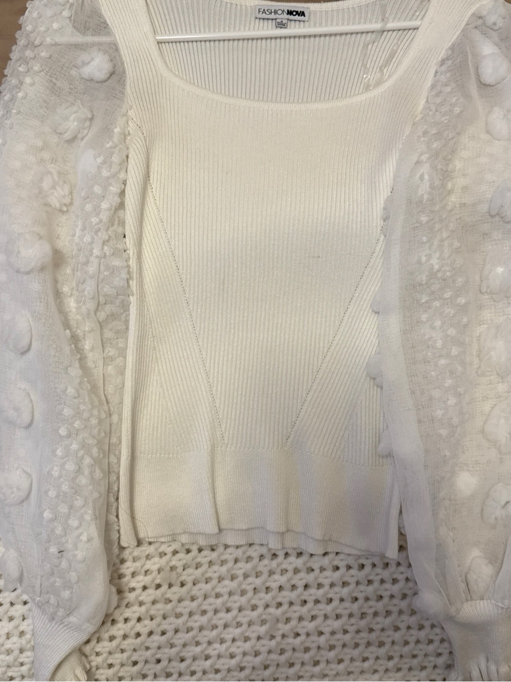 Fashion Nova White Scoop Neck Ribbed Tank with Textured Puff Sleeves